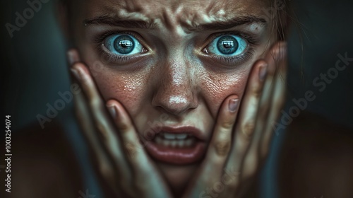 A close-up portrait of a person with wide, frightened eyes and hands on cheeks, capturing an intense expression of shock, fear, and surprise with high detail.