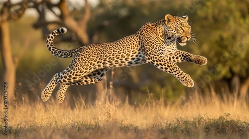 A leopard is leaping through the air in a grassy field. The image captures the moment of the leopard in motion, showcasing its agility and grace. Concept of freedom and wildness