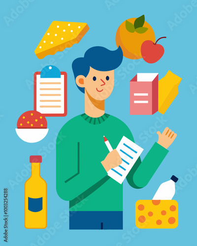 A person crossing out items on their shopping list that are less important like wine and sweets to focus on purchasing necessary items like canned goods and paper.. Vector illustration