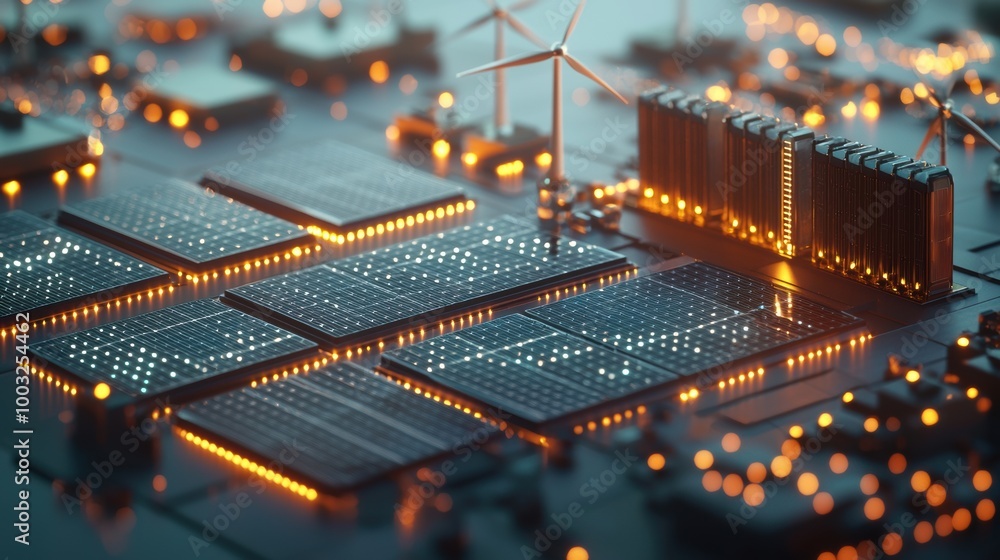 Obraz premium Futuristic Circuit Board with Renewable Energy Turbines and Solar Panels