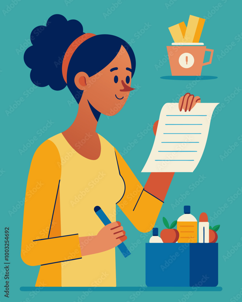 A person reviewing their shopping list and reconsidering purchasing certain luxury items instead choosing to focus on essential items like household necessities.. Vector illustration