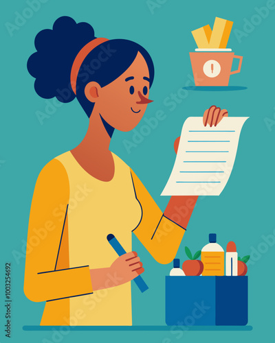 A person reviewing their shopping list and reconsidering purchasing certain luxury items instead choosing to focus on essential items like household necessities.. Vector illustration