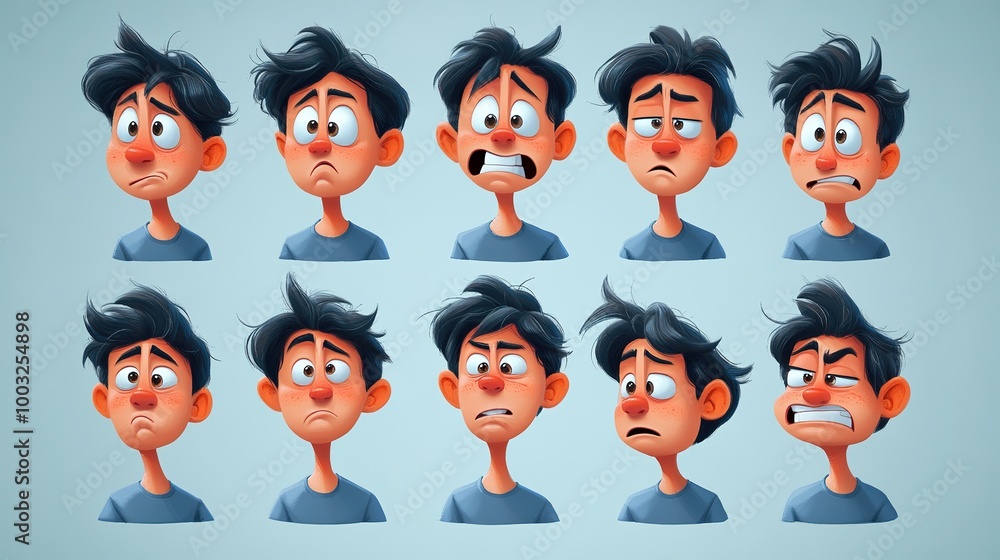 A 2D animation cartoon character experiencing a range of emotions, with exaggerated facial expressions and body language A 2D animation cartoon character experiencing a range of emotions, with exaggerated facial expressions and body language