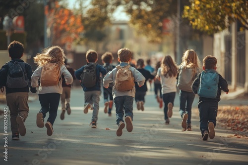 A group of children are running down a street, some of them wearing backpacks