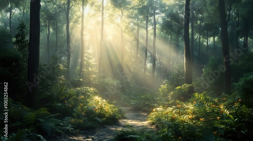 Enchanted Forest Path: Sunlight Through Trees and Fog