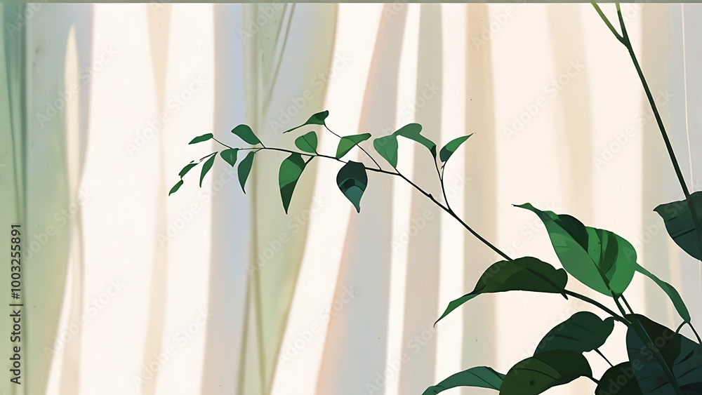 Palm leaf against beige curtains with soft lighting, perfect for tranquil room decor posters, or ads focused on nature and simple, serene interior designs. Palm leaf against beige curtains with soft lighting, perfect for tranquil room decor posters, or ads focused on nature and simple, serene interior designs.
