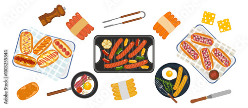 Fast food with a quick menu Menu hot dog, garlic, bell pepper, sausage, bread, sandwich, fried egg, plate, and breakfast set. The food menu isolated objects from the background for poster design.