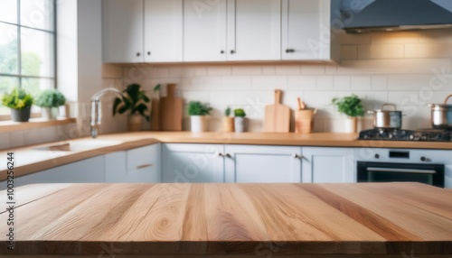 Wooden table top on blur kitchen room background. Generated image