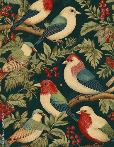 vintage inspired pattern wallpaper art birds and flowers  photo