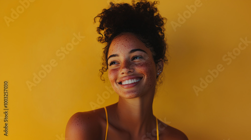 Smiling woman with vitiligo in a relaxed moment, promoting body positivity and inclusivity. A beautiful portrayal of how diversity in skin tone can be a source of strength and prid photo