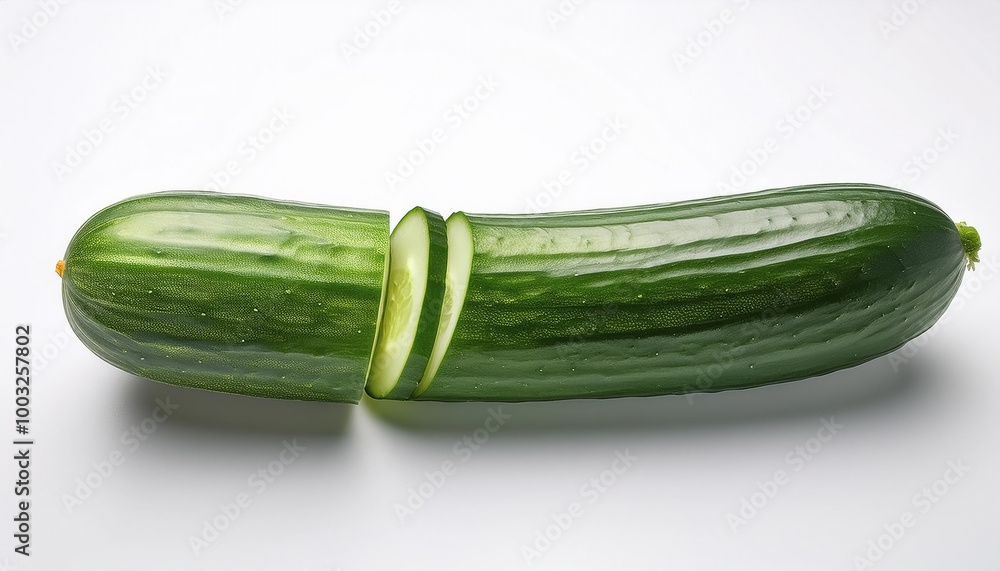 One long cucumber, cut in half to reveal the flesh, on a white background One long cucumber, cut in half to reveal the flesh, on a white background