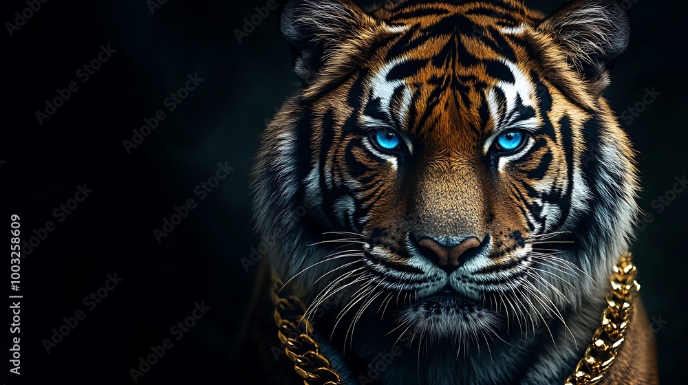 Fototapeta premium Stunning tiger with mesmerizing blue eyes adorned gold chain picture