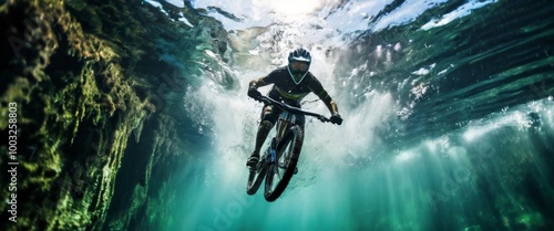 Stunning underwater photograph of a mountain biker pedaling through crystal-clear water, creating a surreal and captivating visual experience. Perfect for showcasing creativity, extreme sports, and photo