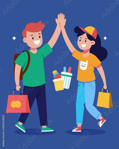 A person highfiving their shopping buddy after successfully using a buyonegetonefree coupon on their favorite snacks.. Vector illustration