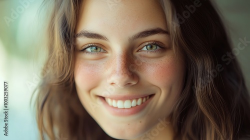 A young woman with long brown hair and freckles smiles brightly at the camera.