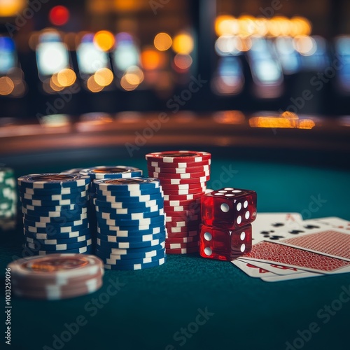 Casino theme image with red, blue and black chips on green table photo