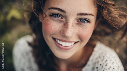 A young woman with freckles smiles up at the camera.