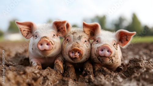 A charming trio of muddy piglets bask in the open field, exuding cheerfulness and innocence, their little snouts touched with mud, capturing playful farmyard joy.