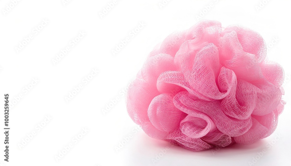 Soft pink bath puff or sponge is a popular shower accessory used for cleaning ones skin in the shower as an alternative to a natural sponge or loofah isolated on white background with copy space Soft pink bath puff or sponge is a popular shower accessory used for cleaning ones skin in the shower as an alternative to a natural sponge or loofah isolated on white background with copy space