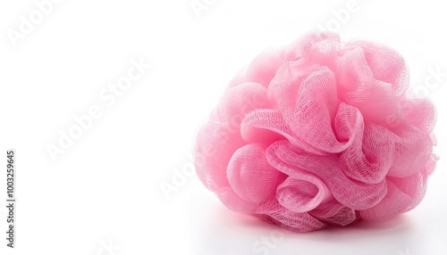 Soft pink bath puff or sponge is a popular shower accessory used for cleaning ones skin in the shower as an alternative to a natural sponge or loofah isolated on white background with copy space