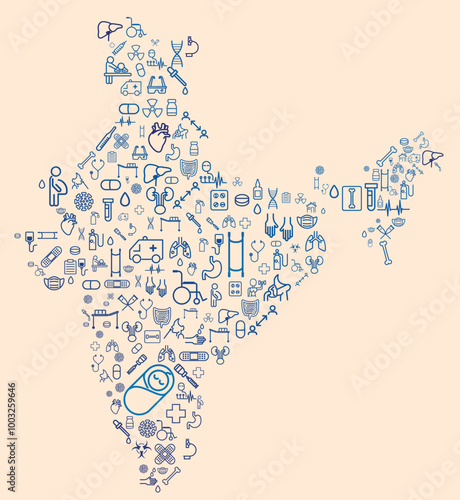 Map of India formed by icons related to medicine and healthcare system. SUS. Public healthcare. Asia