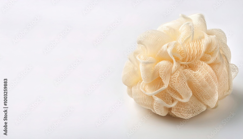 Soft white bath puff or sponge is a popular shower accessory used for cleaning ones skin in the shower as an alternative to a natural sponge or loofah isolated on white background with copy space Soft white bath puff or sponge is a popular shower accessory used for cleaning ones skin in the shower as an alternative to a natural sponge or loofah isolated on white background with copy space