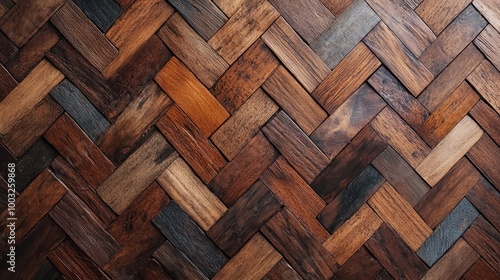 This image presents a herringbone pattern made from wooden tiles, showcasing diverse wood tones and textures, offering a timeless elegance for home interiors.