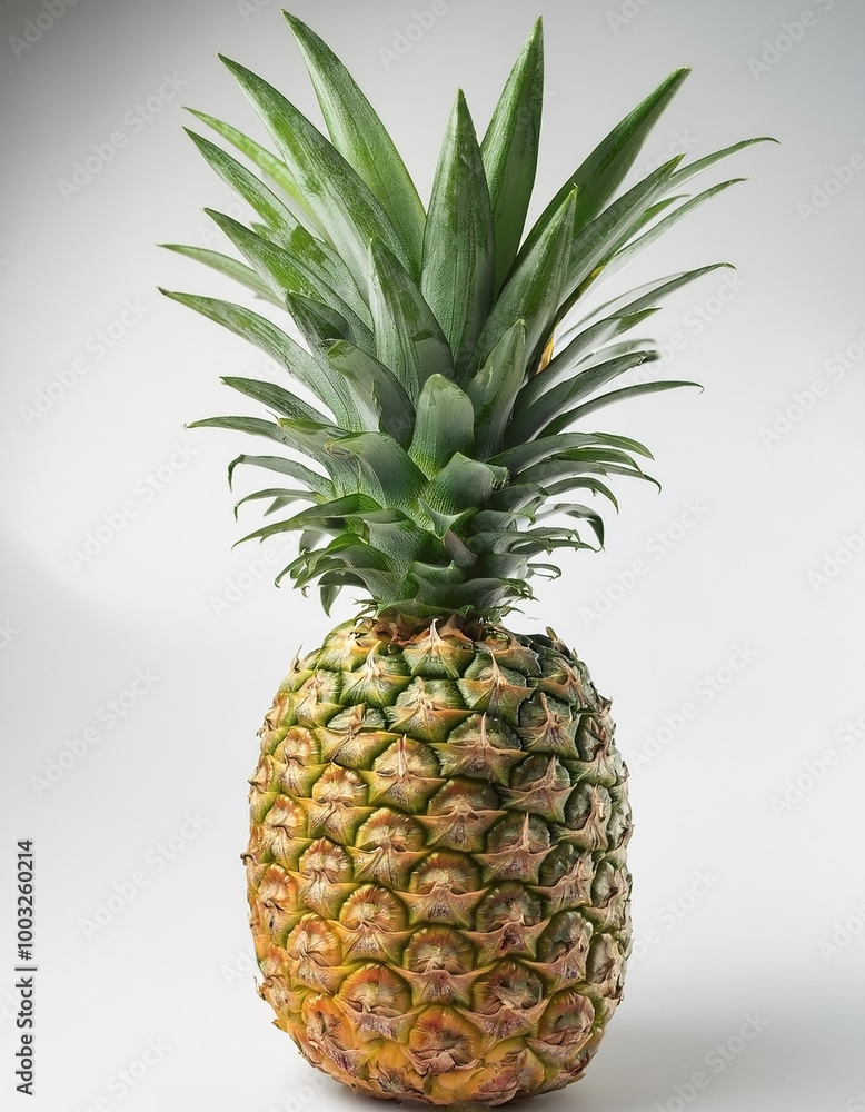 One whole pineapple with green leaves, stands out against the pure white background One whole pineapple with green leaves, stands out against the pure white background