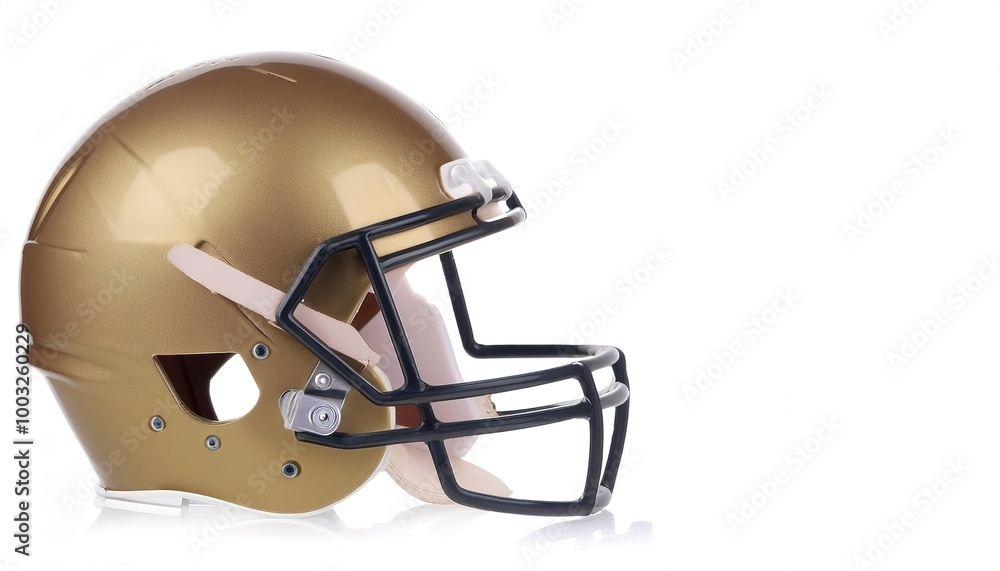 Gold Football helmet is a piece of head protective equipment from hard hits, concussions, injuries used mainly in American football and Canadian football. isolated on white background with copy space Gold Football helmet is a piece of head protective equipment from hard hits, concussions, injuries used mainly in American football and Canadian football. isolated on white background with copy space