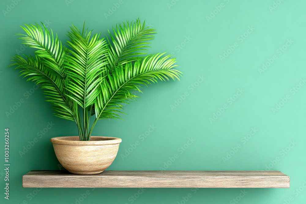 Elegant green potted palm plant on minimalist wooden shelf against a green wall, podium, pedestal Elegant green potted palm plant on minimalist wooden shelf against a green wall, podium, pedestal