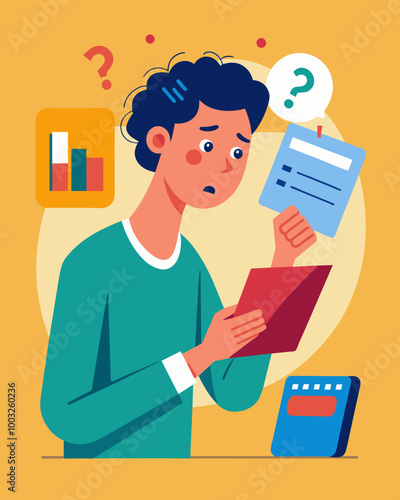 A person flipping through old credit card statements trying to pinpoint where they went wrong in order to halt their credit score decline.. Vector illustration