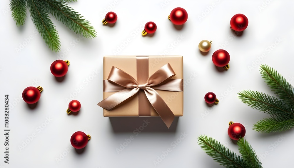 stylized christmas composition with gift box, pine branches, and holiday baubles stylized christmas composition with gift box, pine branches, and holiday baubles