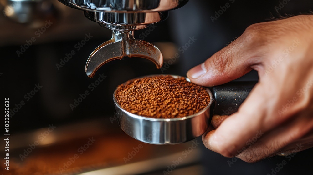 a baristaâ€™s hands tamping coffee grounds into a portafilter, with an espresso machine in the background