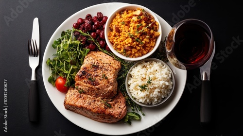 A gourmet plate featuring grilled salmon, perfectly cooked rice, bulgur, arugula, and paired with a glass of red wine for an elegant and satisfying meal. photo