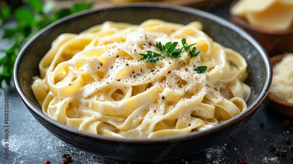 A bowl of fettuccine pasta with a creamy white sauce.