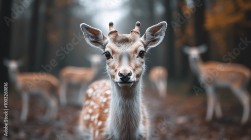 A deer stands front and center in the forest, its inquisitive gaze drawing attention while fellow deer blend into the misty woodland backdrop behind it. photo