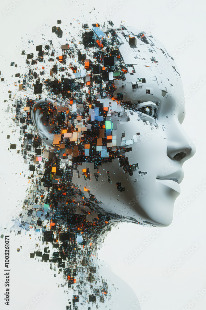 Futuristic digital art of a woman's face merging with technology, illustrating the concept of artificial intelligence and human-technology integration. Futuristic digital art of a woman's face merging with technology, illustrating the concept of artificial intelligence and human-technology integration.