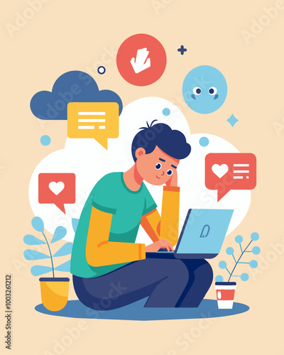 A person scrolling through social media seeing posts from friends and family about their investment losses adding to their own feelings of anxiety and stress.. Vector illustration