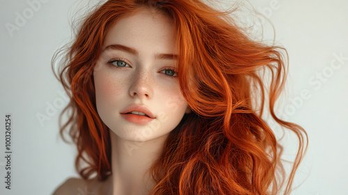 Portrait of a woman with red hair and soft freckles, AI-generated.