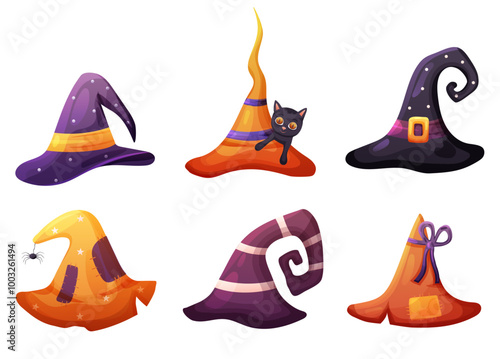 Set of Halloween witch hat with black cat and spider. Vector holiday illustration