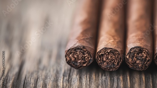 A close-up shot of cigars carefully aligned on a textured wood table, capturing the elegance and rich history associated with fine smoking rituals and enjoyment.