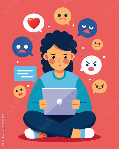 A person scrolls through their social media feeling envious and resentful of their friends who seem to have secure jobs and stable incomes.. Vector illustration