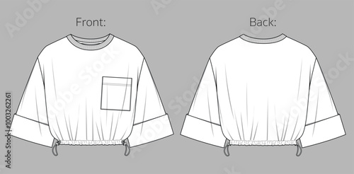 Vector round neck top fashion CAD, woman crop t shirt  technical drawing, short sleeved tee with gathering flat, template, sketch. Jersey or woven fabric blouse with front, back view, white color