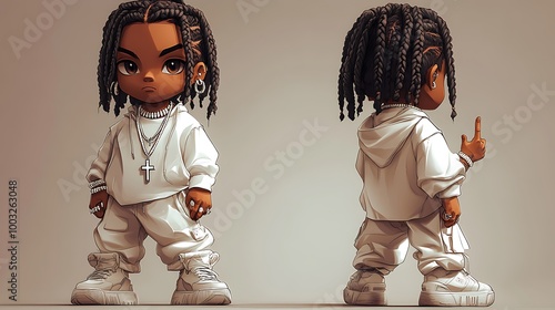 Fototapeta Cartoon character in a white hoodie and braids, with a middle finger gesture. 3D illustration, character design, youth culture, urban