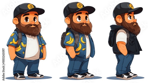 Cartoon Character Sprite Sheet, Bearded Man in Casual Clothing