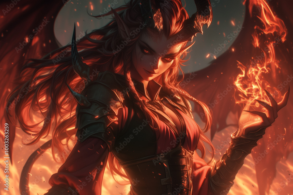 female tiefling controlling flames with magic in fiery setting female tiefling controlling flames with magic in fiery setting