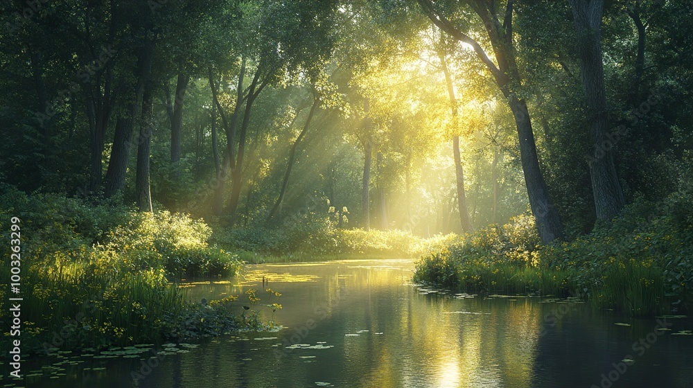 Sunbeams Through Trees: A Tranquil River Scene Sunbeams Through Trees: A Tranquil River Scene
