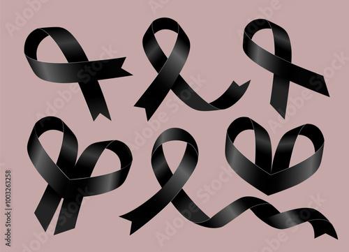 Black ribbon. Melanoma Cancer Awareness Month. Symbol of the fight against melanoma cancer. Vector illustration isolated on a white background.