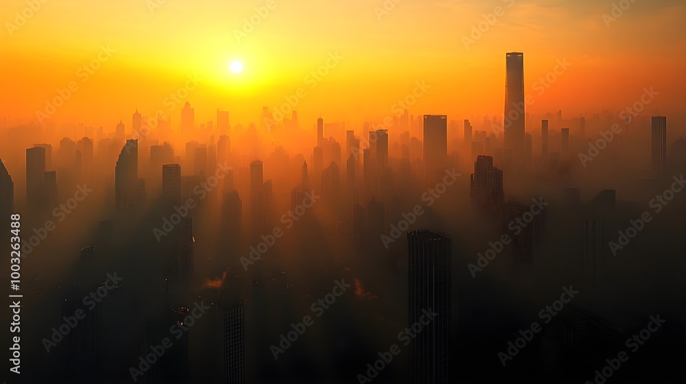 Fototapeta premium a city skyline at sunrise or sunset. The sun is low on the horizon, casting an orange and yellow glow across the sky and illuminating the tops of the buildings. The city is shrouded in a layer of mist