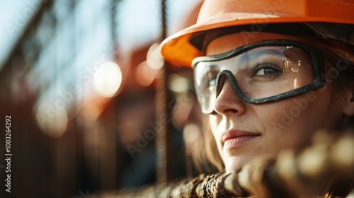 A close-up of a woman wearing safety goggles and a hard hat, looking confidently into the distance at a construction site, reflecting determination and focus.